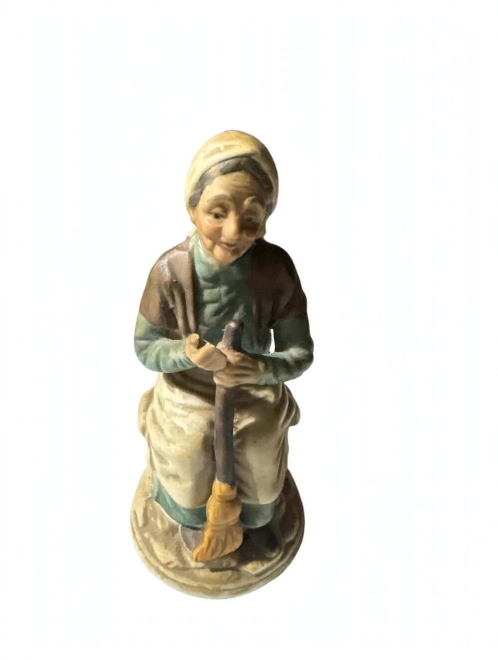 Vintage Porcelain Old Woman Figurine Seated with Broom